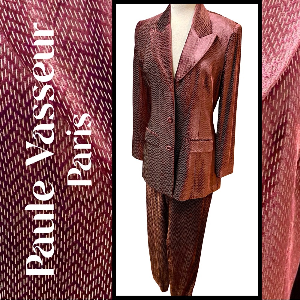 PAULE VASSEUR Paris Burgundy Velvet Jacket w/Tapered Leg Pant Sz 12/42 NEW